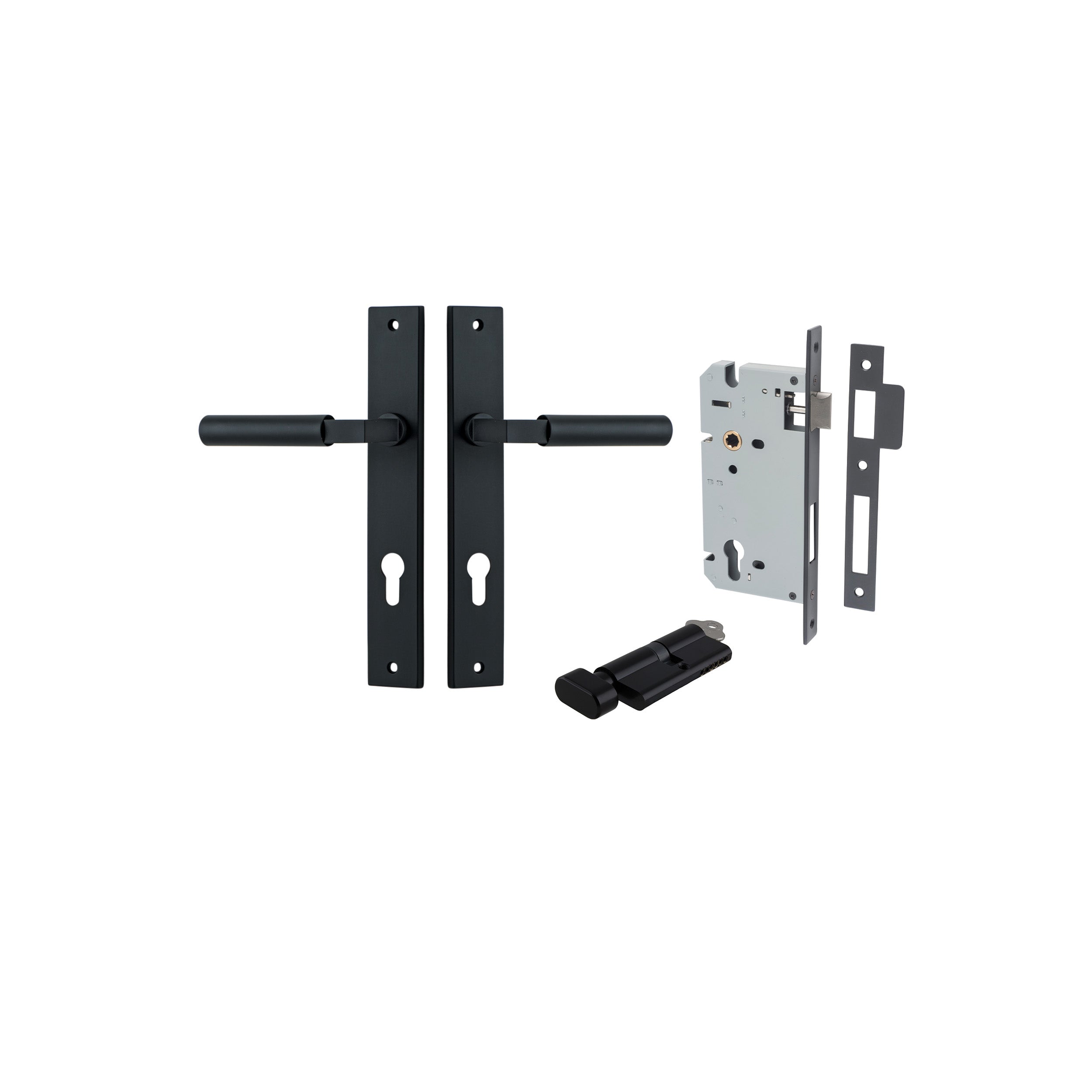 Berlin Lever - Rectangular Backplate Entrance Kit with High Security Lock Matt Black / Solid Brass