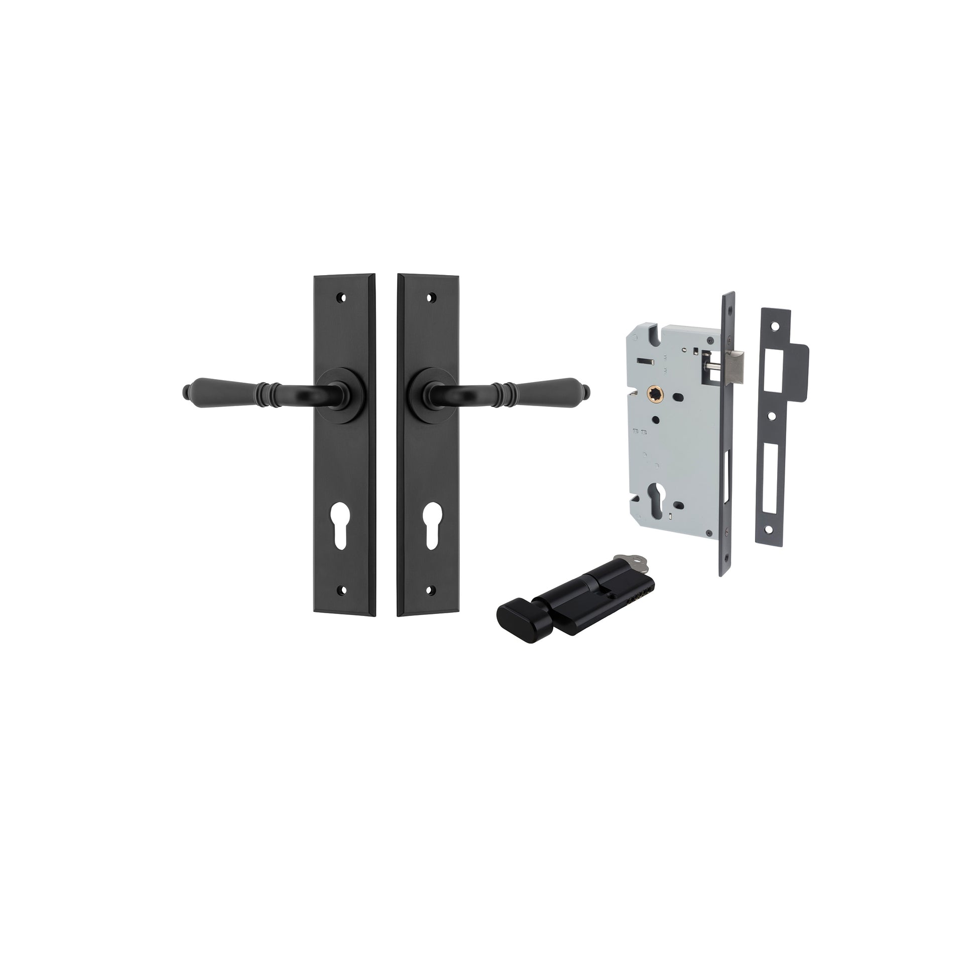 Sarlat Lever - Chamfered Backplate Entrance Kit with High Security Lock Matt Black / Solid Brass