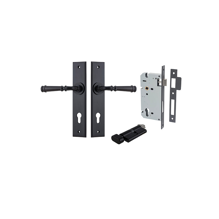 Verona Lever - Chamfered Backplate Entrance Kit with High Security Lock Matt Black / Solid Brass