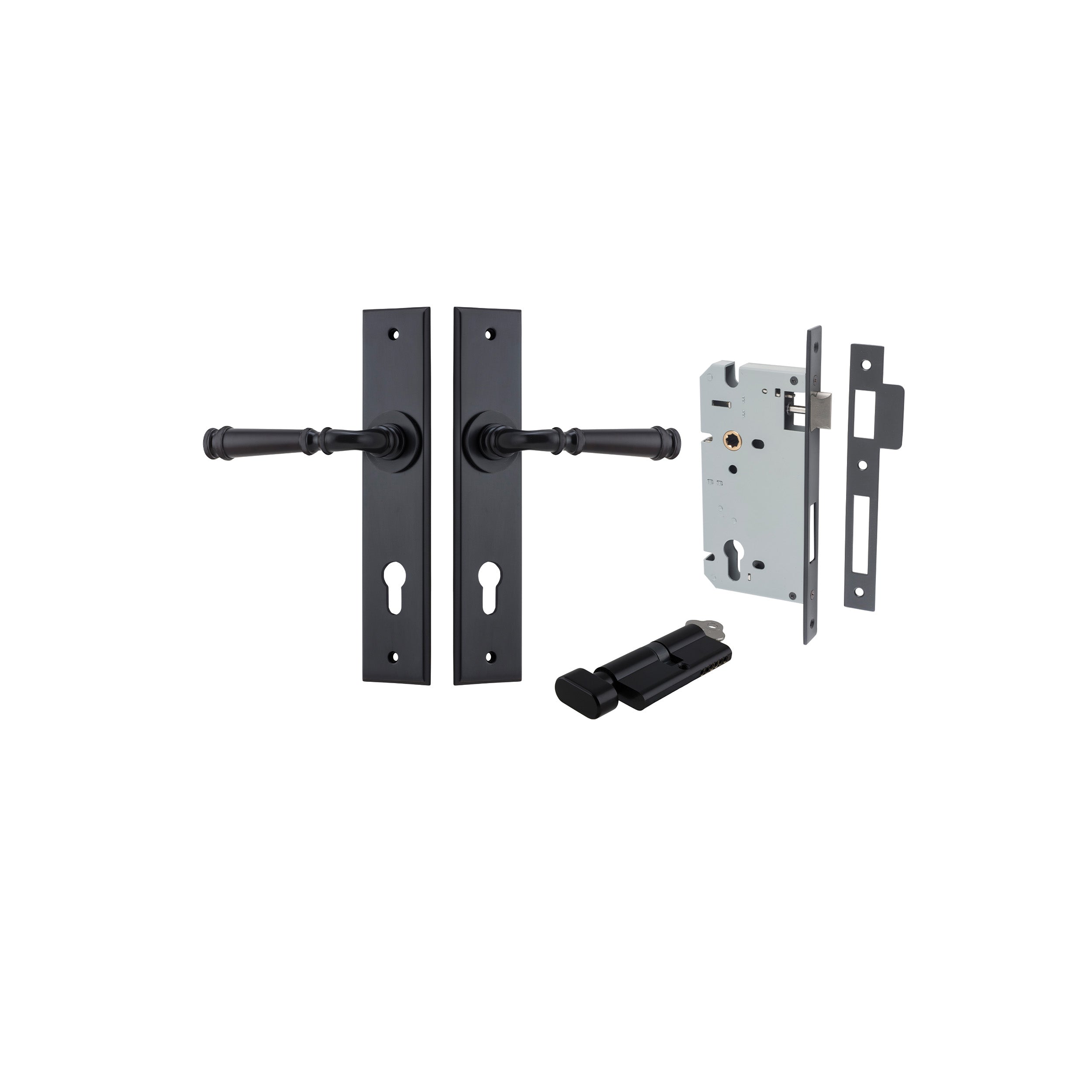Verona Lever - Chamfered Backplate Entrance Kit with High Security Lock Matt Black / Solid Brass