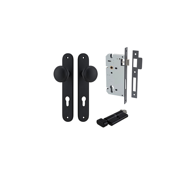 Paddington Knob - Oval Backplate Entrance Kit with High Security Lock Matt Black / Solid Brass