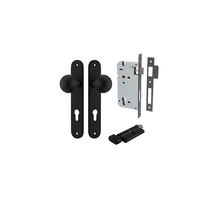Guildford Knob - Oval Backplate Entrance Kit with High Security Lock Matt Black / Solid Brass