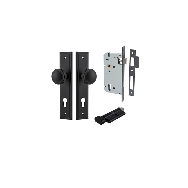 Paddington Knob - Stepped Backplate Entrance Kit with High Security Lock Matt Black / Solid Brass