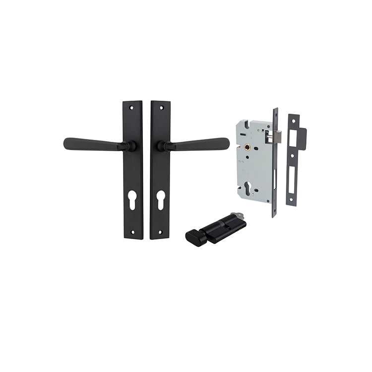 Copenhagen Lever - Rectangular Backplate Entrance Kit with High Security Lock Matt Black / Solid Brass