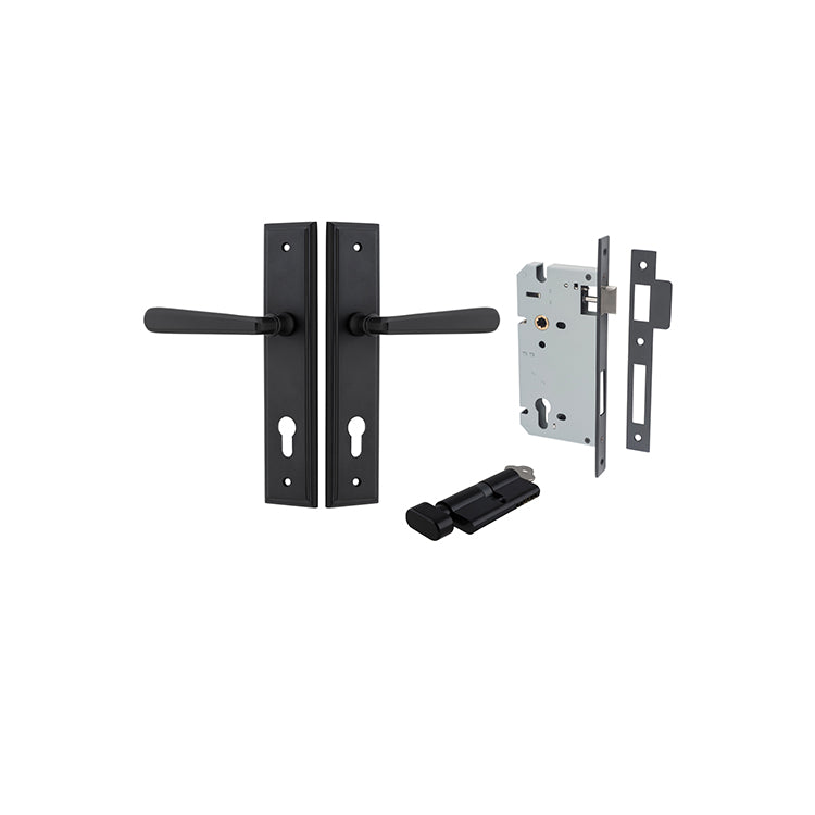 Copenhagen Lever - Stepped Backplate Entrance Kit with High Security Lock Matt Black / Solid Brass