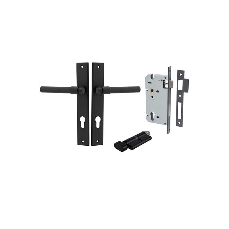 Helsinki Lever - Rectangular Backplate Entrance Kit with High Security Lock Matt Black / Solid Brass