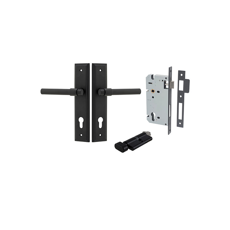 Helsinki Lever - Stepped Backplate Entrance Kit with High Security Lock Matt Black / Solid Brass