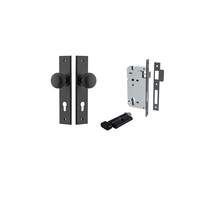 Cambridge Knob - Chamfered Backplate Entrance Kit with High Security Lock Matt Black / Solid Brass