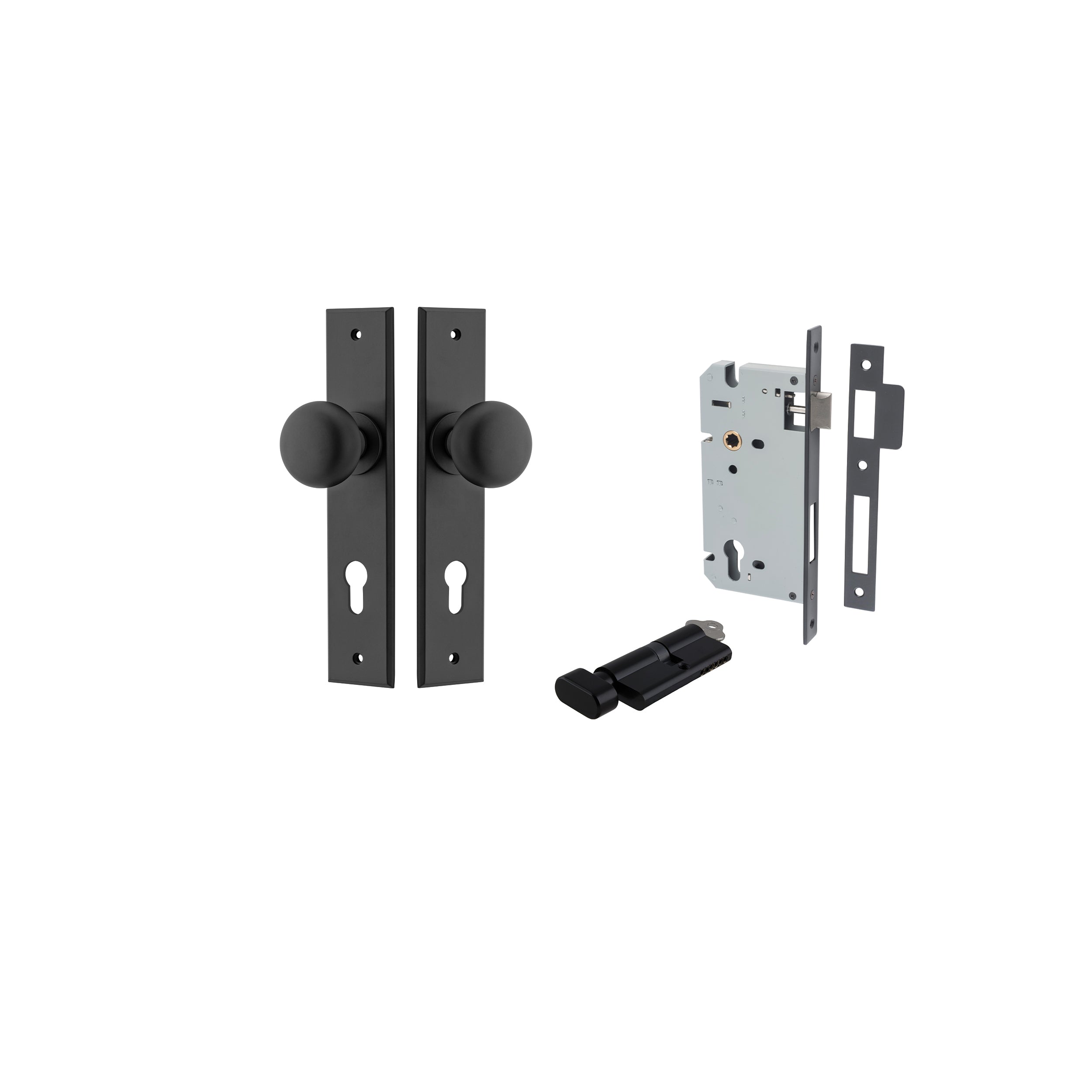 Cambridge Knob - Chamfered Backplate Entrance Kit with High Security Lock Matt Black / Solid Brass