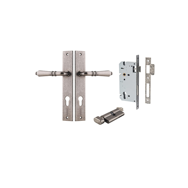 Sarlat Lever - Rectangular Backplate Entrance Kit with High Security Lock Rumbled Nickel / Solid Brass