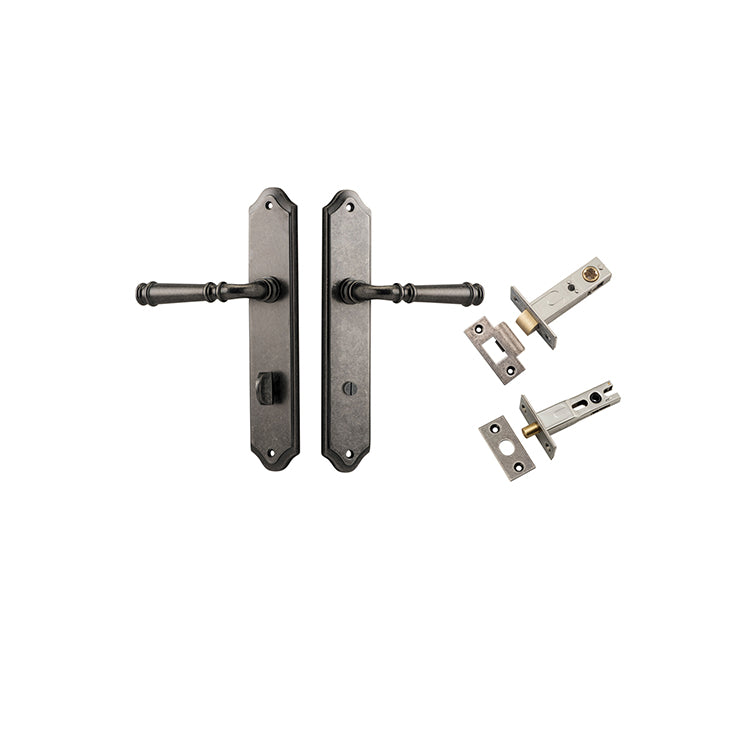 Verona Lever - Shouldered Backplate Privacy Kit with Privacy Turn Rumbled Nickel / Solid Brass