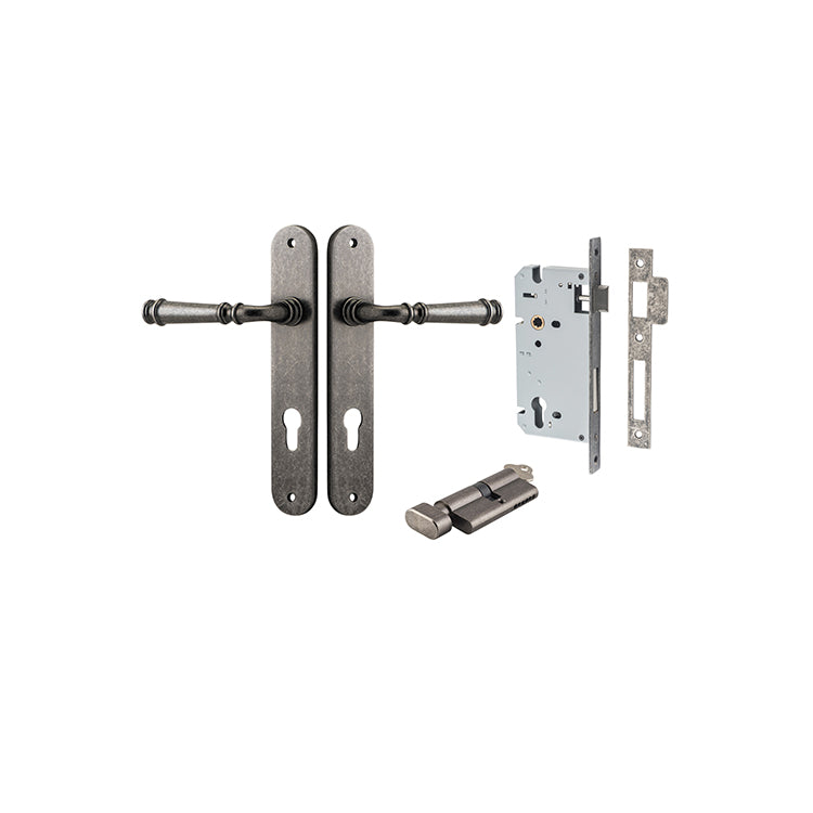 Verona Lever - Oval Backplate Entrance Kit with High Security Lock Rumbled Nickel / Solid Brass