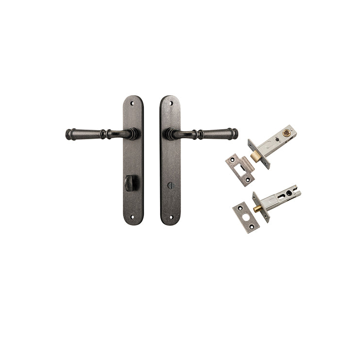 Verona Lever - Oval Backplate Privacy Kit with Privacy Turn Rumbled Nickel / Solid Brass