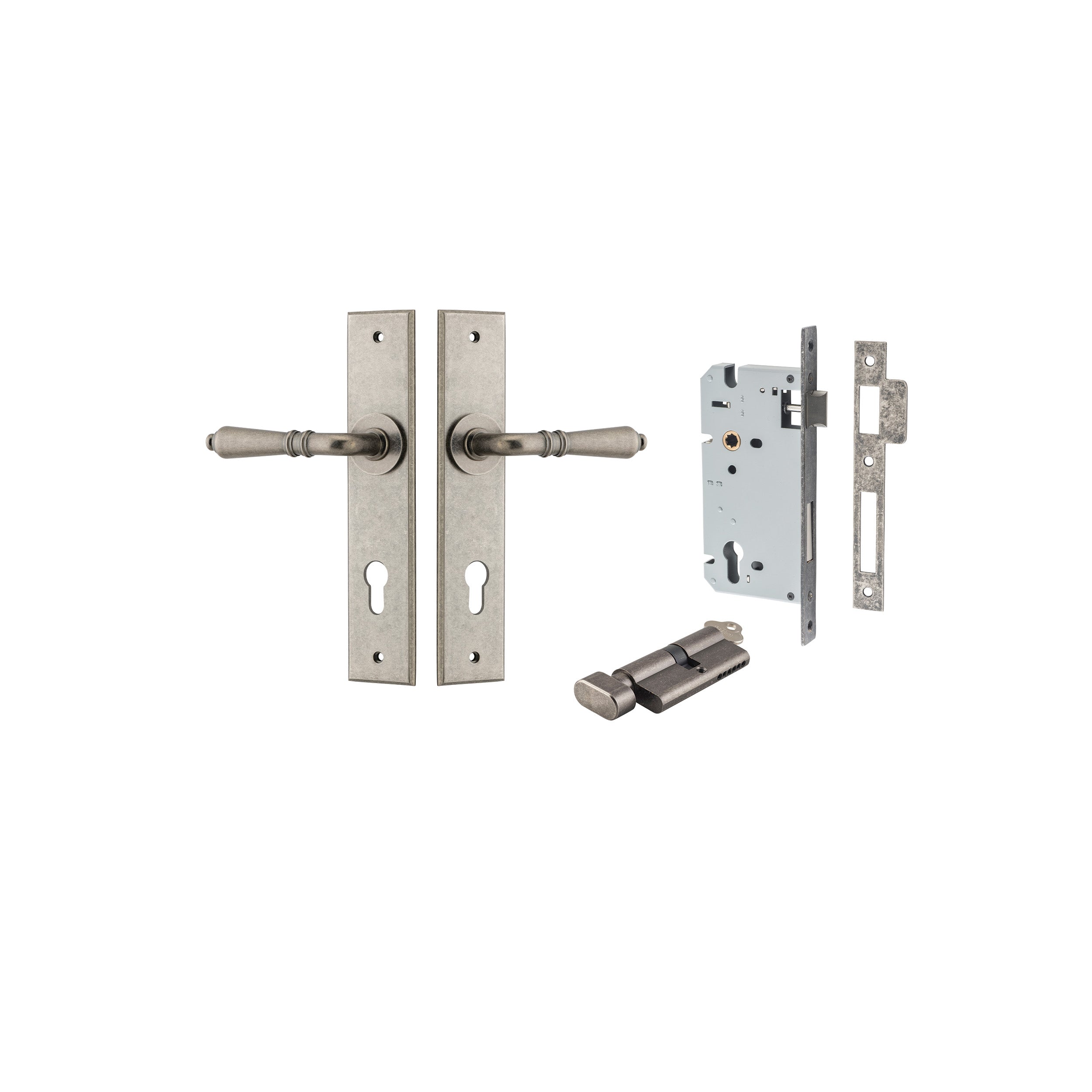 Sarlat Lever - Chamfered Backplate Entrance Kit with High Security Lock Rumbled Nickel / Solid Brass