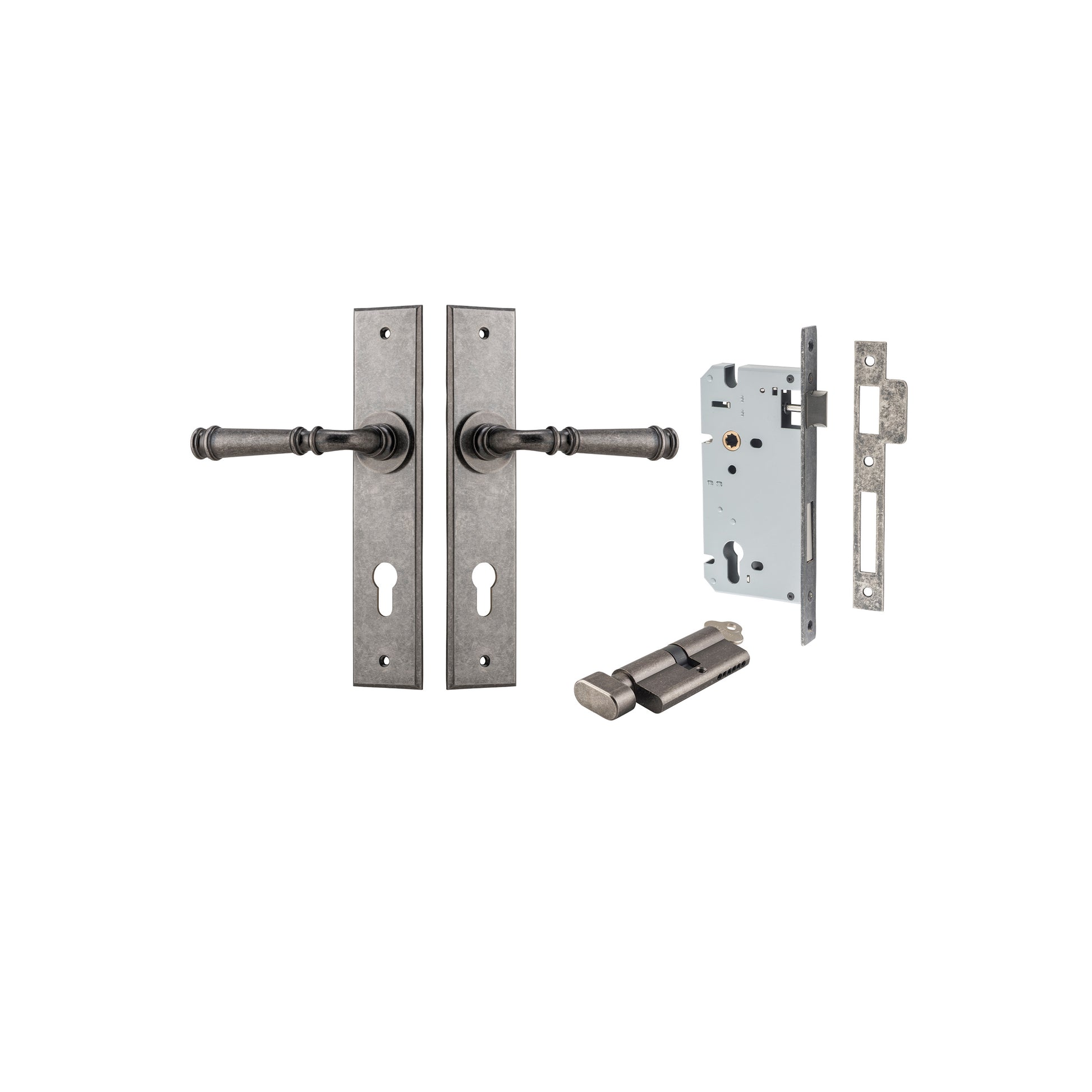 Verona Lever - Chamfered Backplate Entrance Kit with High Security Lock Rumbled Nickel / Solid Brass