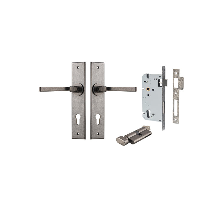 Annecy  Lever - Chamfered Backplate Entrance Kit with High Security Lock Rumbled Nickel / Solid Brass