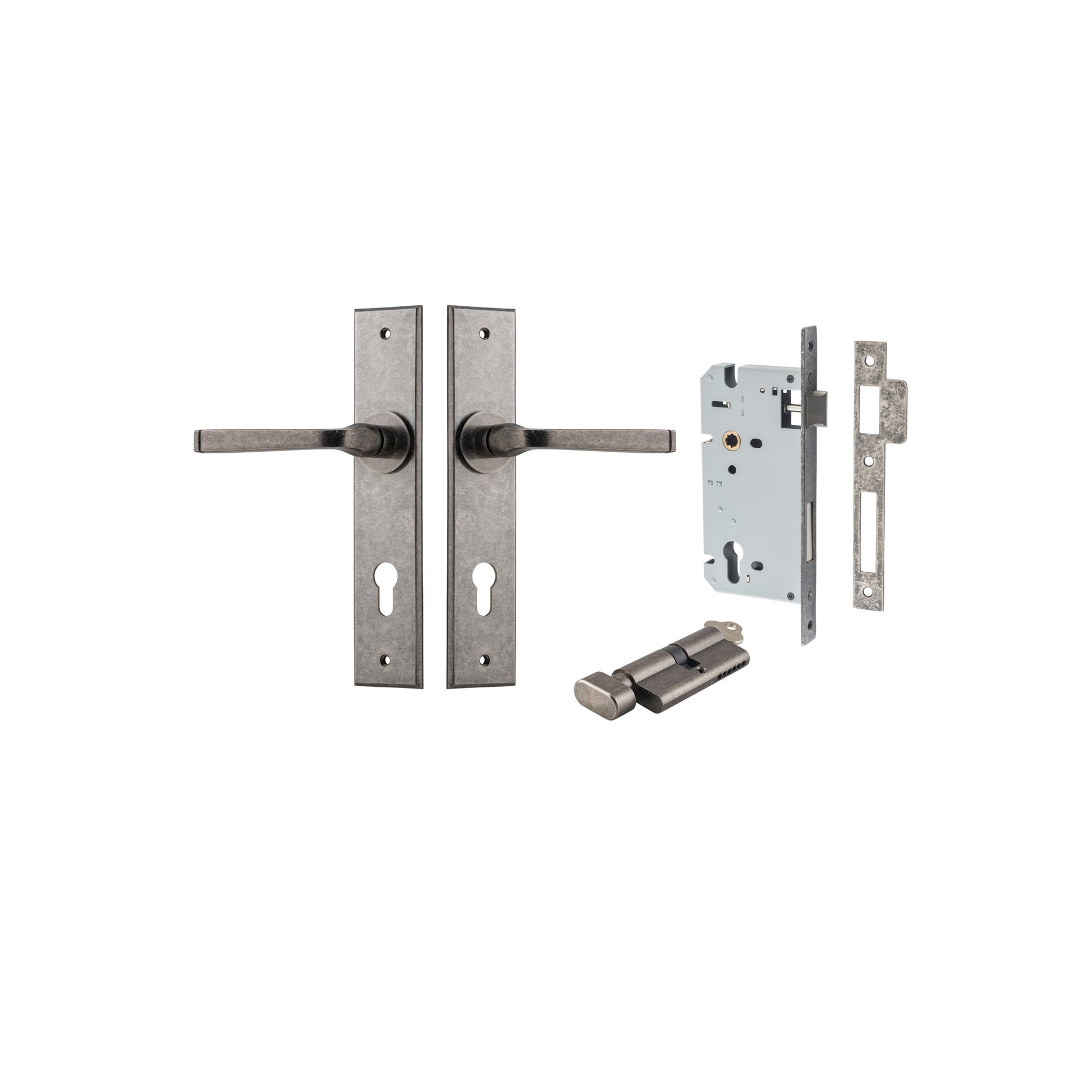 Annecy  Lever - Chamfered Backplate Entrance Kit with High Security Lock Rumbled Nickel / Solid Brass