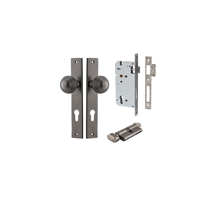 Guildford Knob - Rectangular Backplate Entrance Kit with High Security Lock Rumbled Nickel / Solid Brass