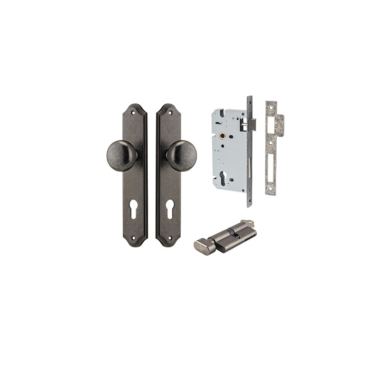 Cambridge Knob - Shouldered Backplate Entrance Kit with High Security Lock Rumbled Nickel / Solid Brass