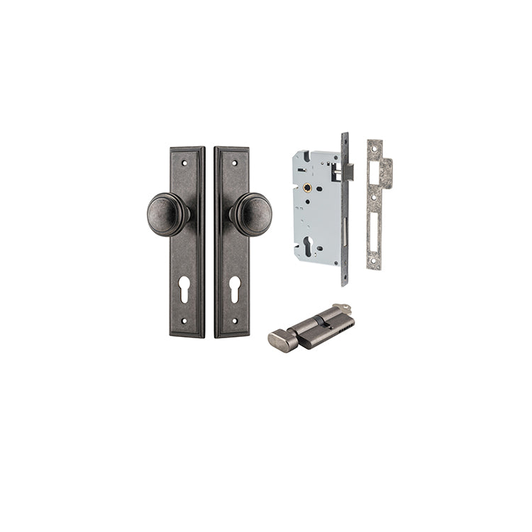 Paddington Knob - Stepped Backplate Entrance Kit with High Security Lock Rumbled Nickel / Solid Brass