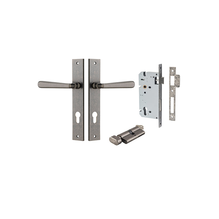 Copenhagen Lever - Rectangular Backplate Entrance Kit with High Security Lock Rumbled Nickel / Solid Brass