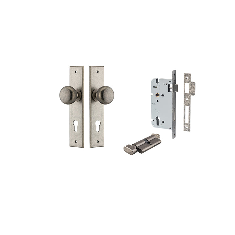 Cambridge Knob - Chamfered Backplate Entrance Kit with High Security Lock Rumbled Nickel / Solid Brass