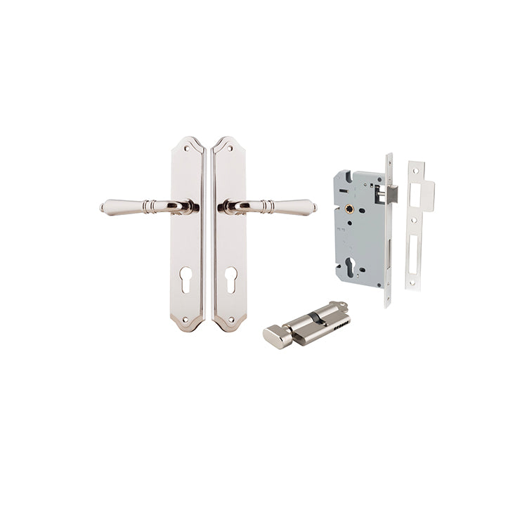 Sarlat Lever - Shouldered Backplate Entrance Kit with High Security Lock Polished Nickel / Solid Brass