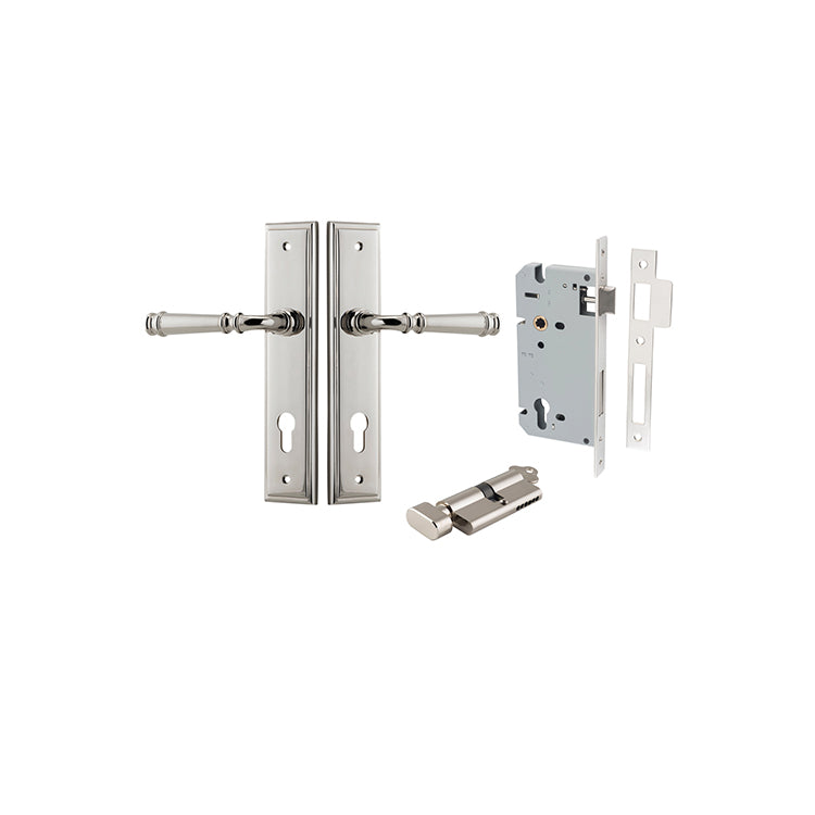 Verona Lever - Stepped Backplate Entrance Kit with High Security Lock Polished Nickel / Solid Brass