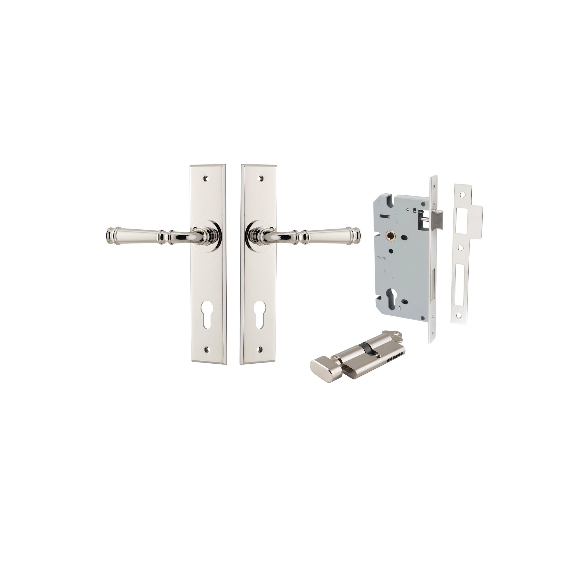 Verona Lever - Chamfered Backplate Entrance Kit with High Security Lock Polished Nickel / Solid Brass