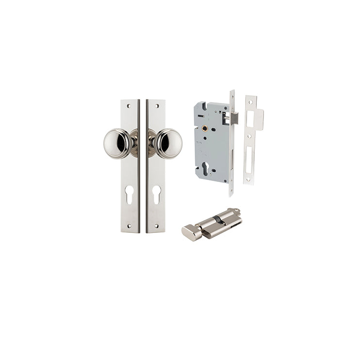 Paddington Knob - Rectangular Backplate Entrance Kit with High Security Lock Polished Nickel / Solid Brass