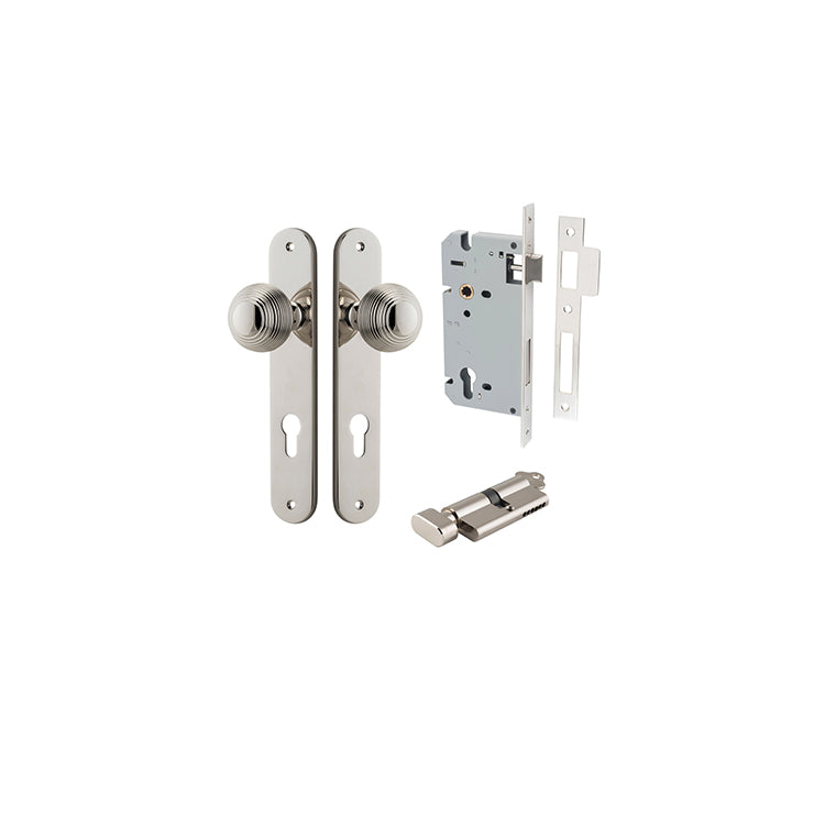 Guildford Knob - Oval Backplate Entrance Kit with High Security Lock Polished Nickel / Solid Brass