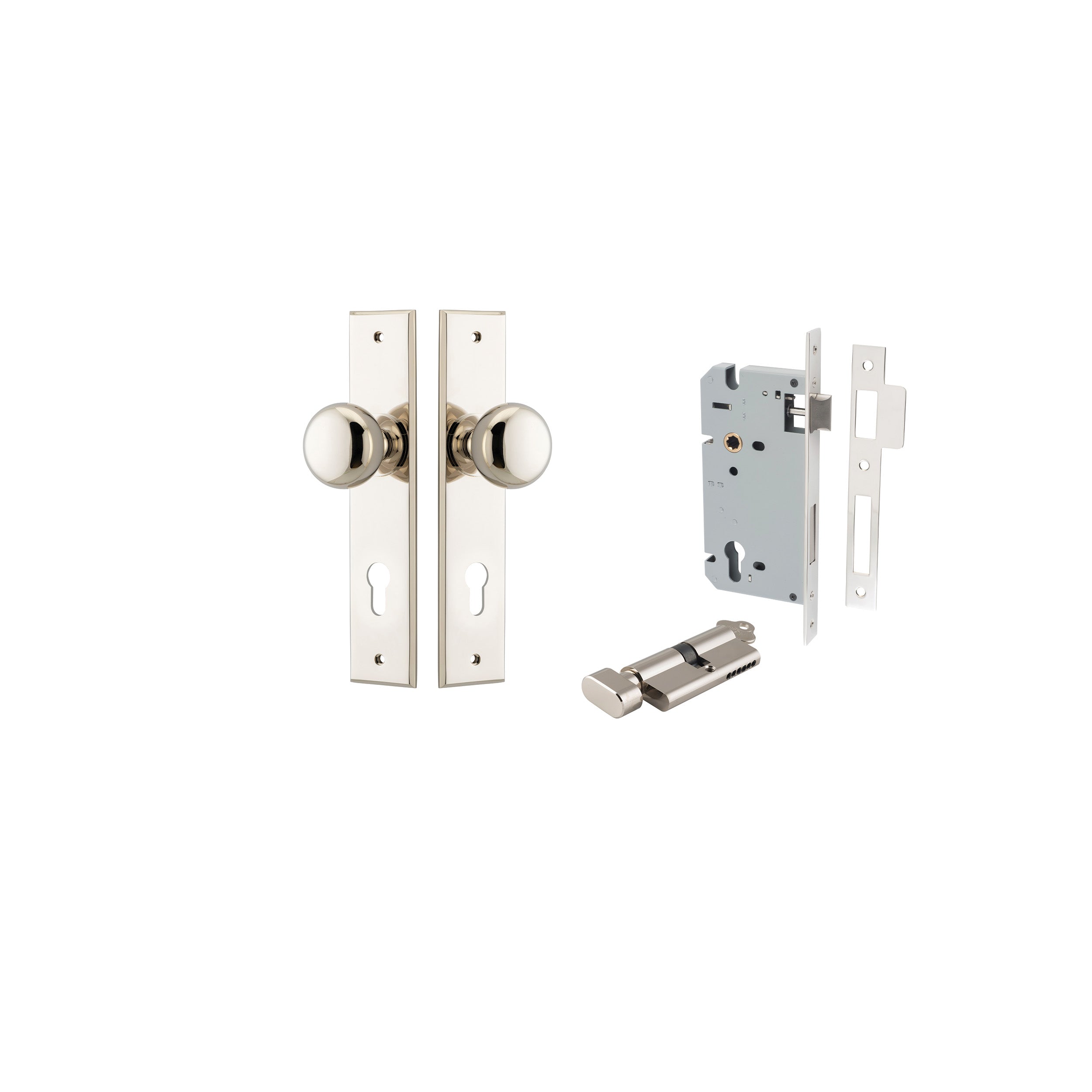 Cambridge Knob - Chamfered Backplate Entrance Kit with High Security Lock Polished Nickel / Solid Brass