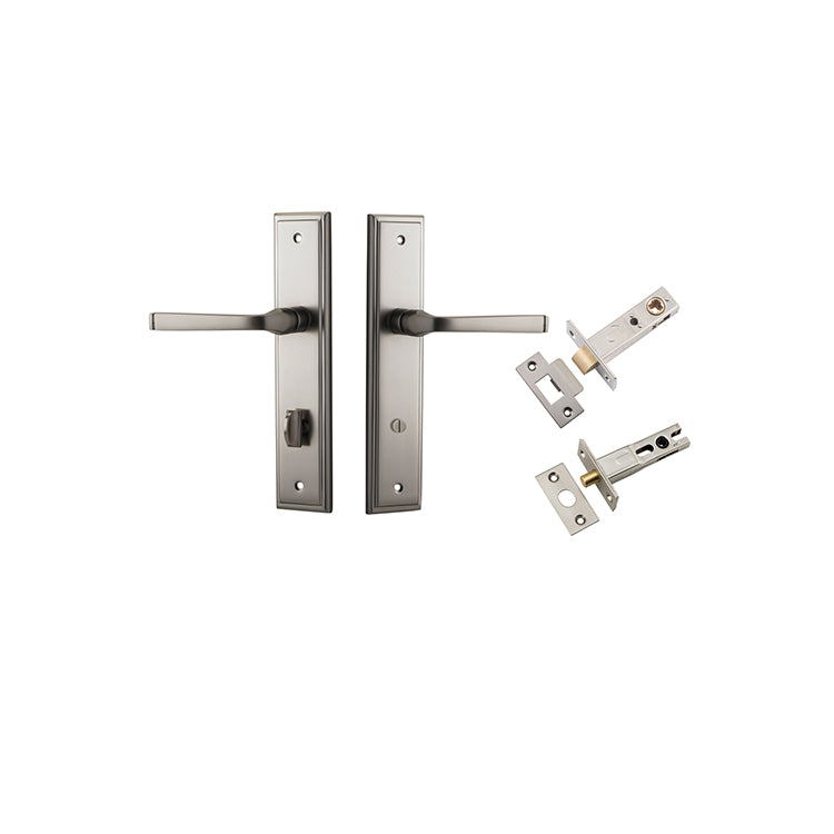 Annecy Lever - Stepped Backplate Privacy Kit with Privacy Turn Satin Nickel / Solid Brass