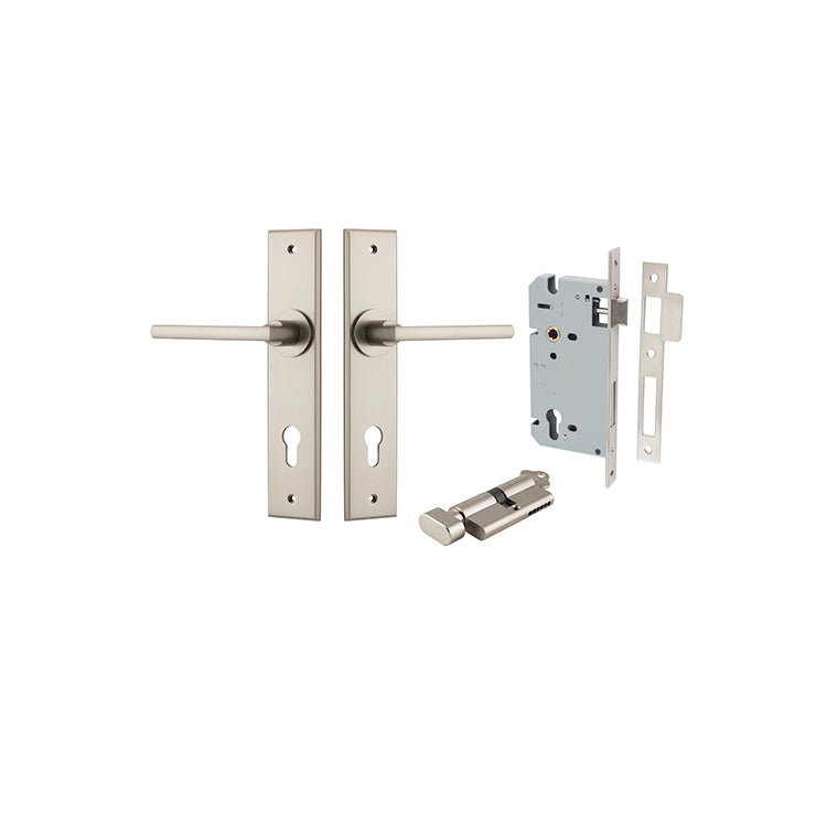 Baltimore Lever - Chamfered Backplate Entrance Kit with High Security Lock Satin Nickel / Solid Brass