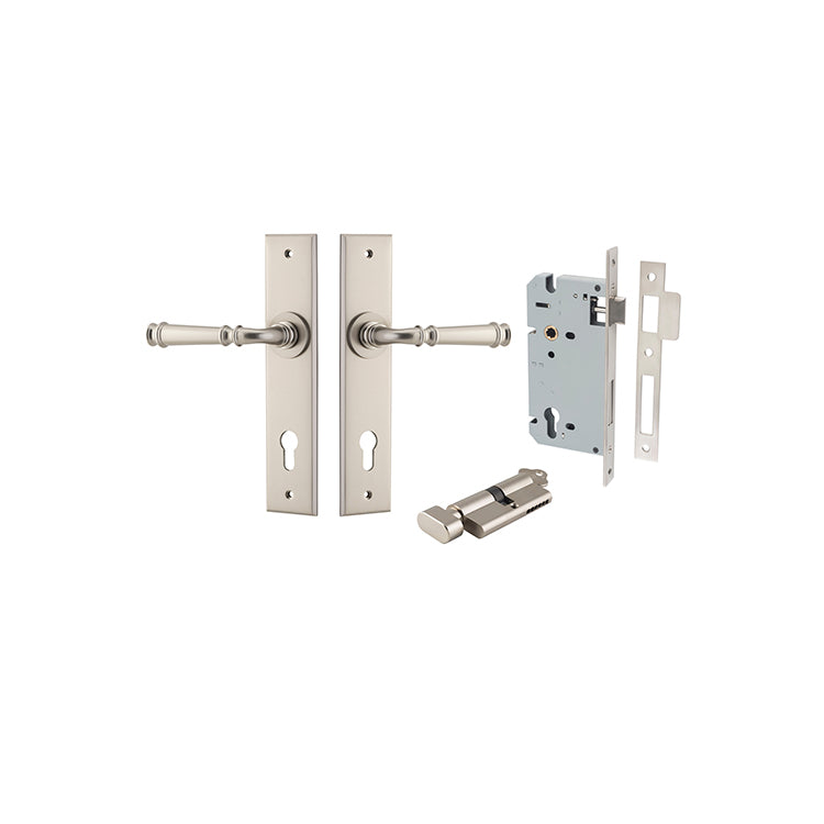 Verona Lever - Chamfered Backplate Entrance Kit with High Security Lock Satin Nickel / Solid Brass