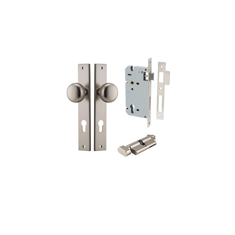 Cambridge Knob - Rectangular Backplate Entrance Kit with High Security Lock Satin Nickel / Solid Brass