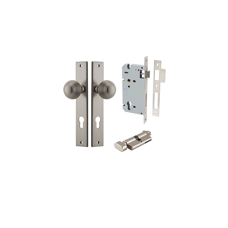 Guildford Knob - Rectangular Backplate Entrance Kit with High Security Lock Satin Nickel / Solid Brass