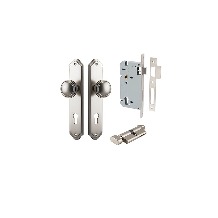 Paddington Knob - Shouldered Backplate Entrance Kit with High Security Lock Satin Nickel / Solid Brass