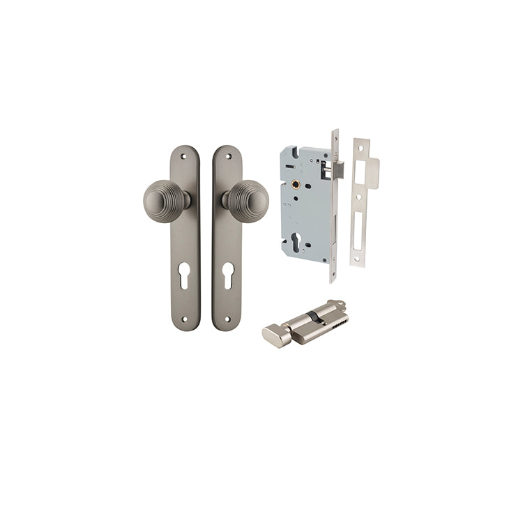 Guildford Knob - Oval Backplate Entrance Kit with High Security Lock Satin Nickel / Solid Brass