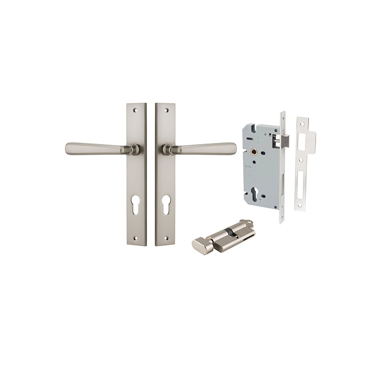 Copenhagen Lever - Rectangular Backplate Entrance Kit with High Security Lock Satin Nickel / Solid Brass