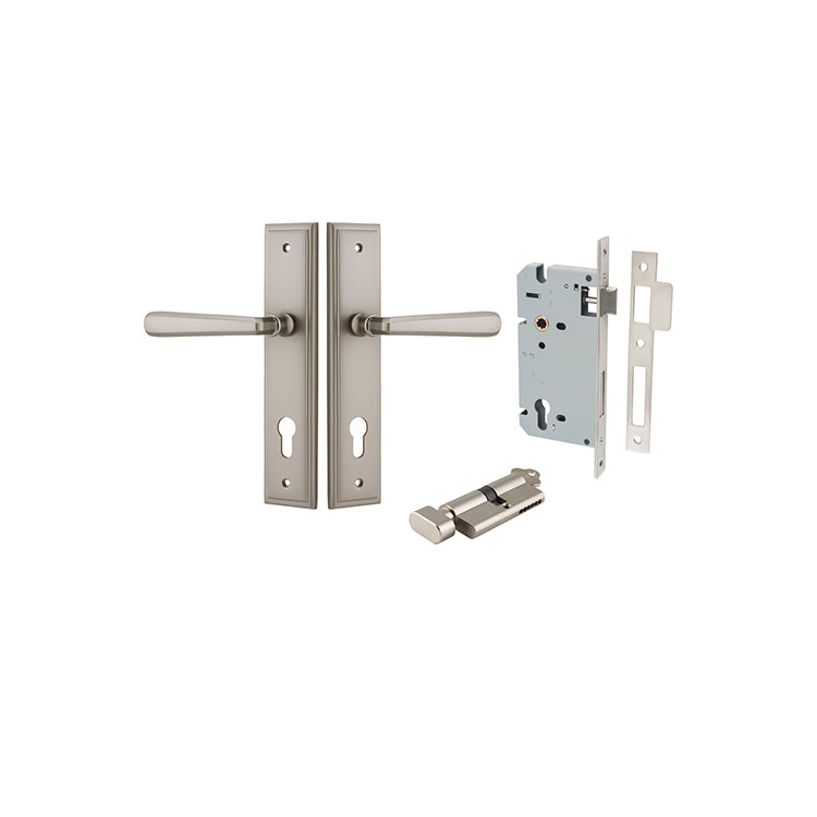 Copenhagen Lever - Stepped Backplate Entrance Kit with High Security Lock Satin Nickel / Solid Brass