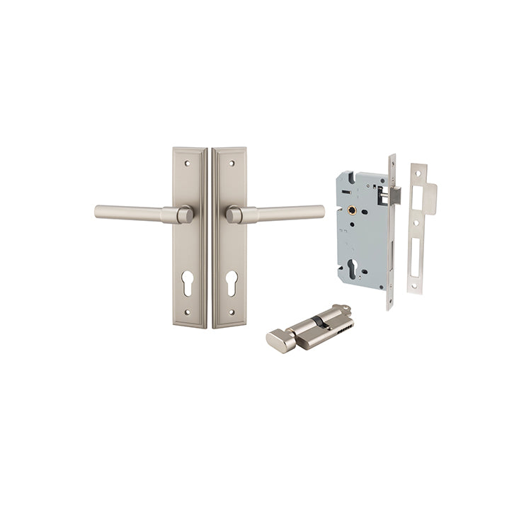 Helsinki Lever - Stepped Backplate Entrance Kit with High Security Lock Satin Nickel / Solid Brass