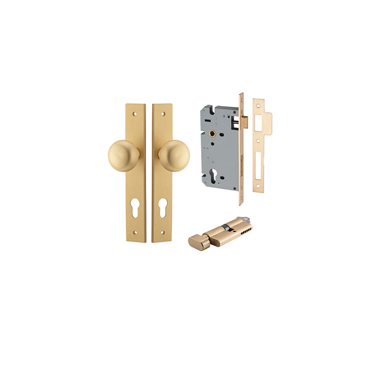 Cambridge Knob - Rectangular Backplate Entrance Kit with High Security Lock Satin Brass / Solid Brass