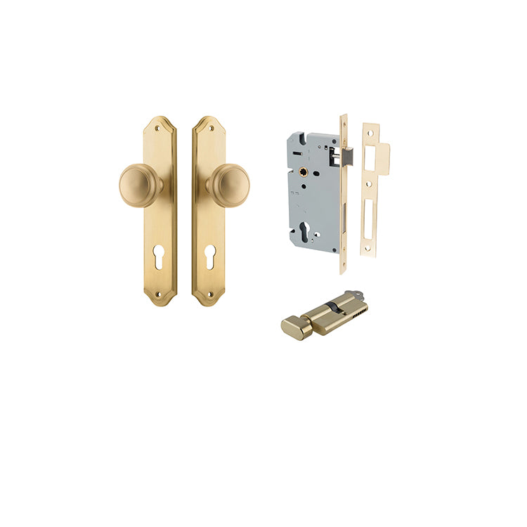 Paddington Knob - Shouldered Backplate Entrance Kit with High Security Lock Satin Brass / Solid Brass
