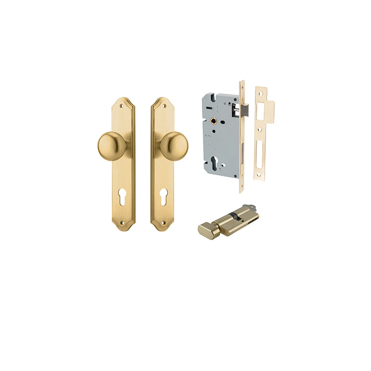 Cambridge Knob - Shouldered Backplate Entrance Kit with High Security Lock Satin Brass / Solid Brass