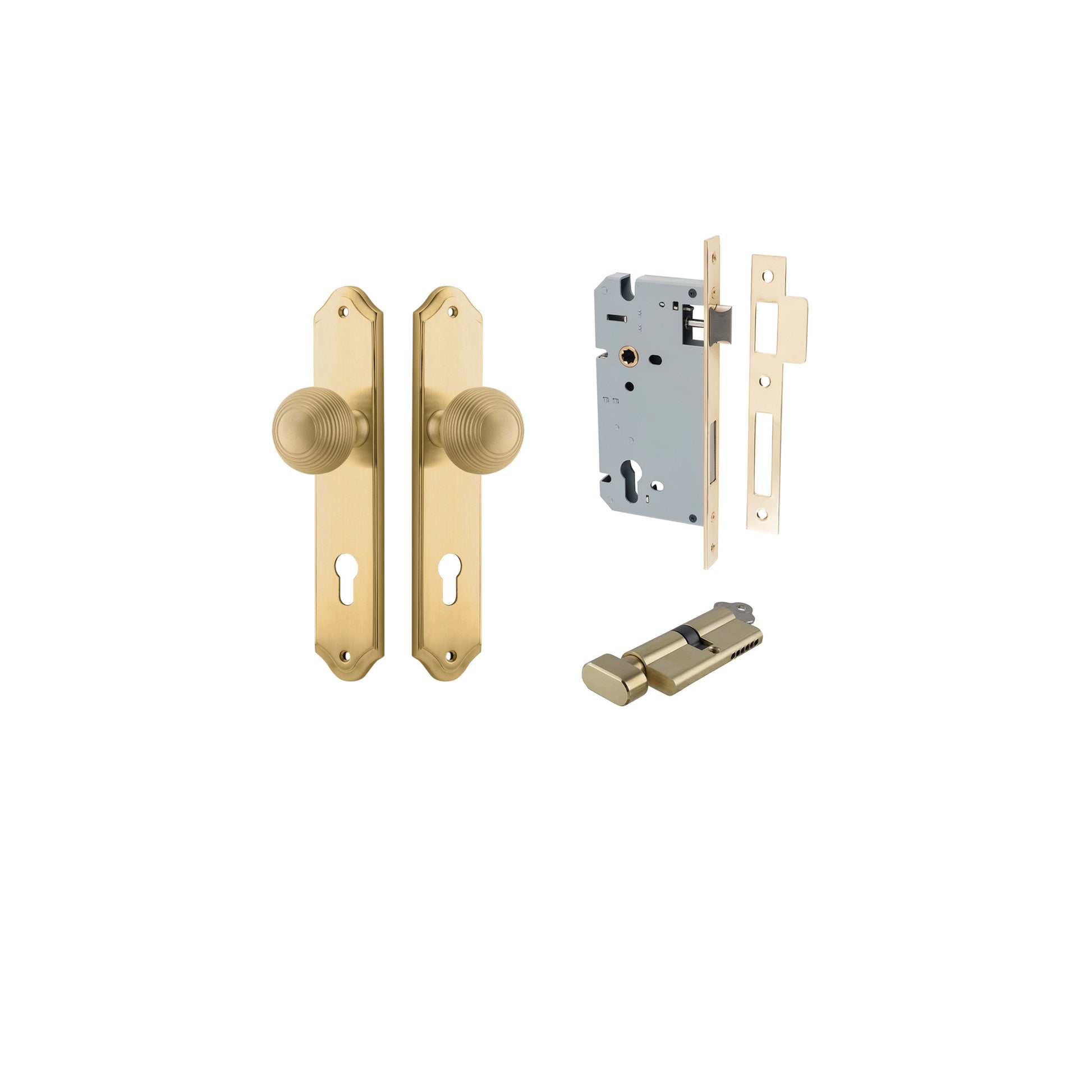 Guildford Knob - Shouldered Backplate Entrance Kit with High Security Lock Satin Brass / Solid Brass