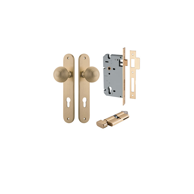 Guildford Knob - Oval Backplate Entrance Kit with High Security Lock Satin Brass / Solid Brass