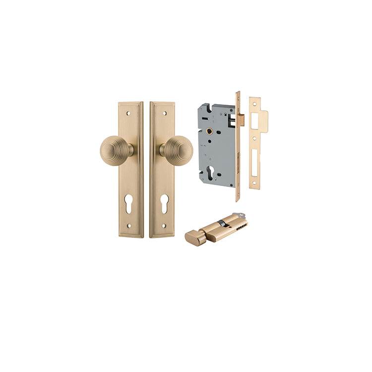 Guildford Knob - Stepped Backplate Entrance Kit with High Security Lock Satin Brass / Solid Brass