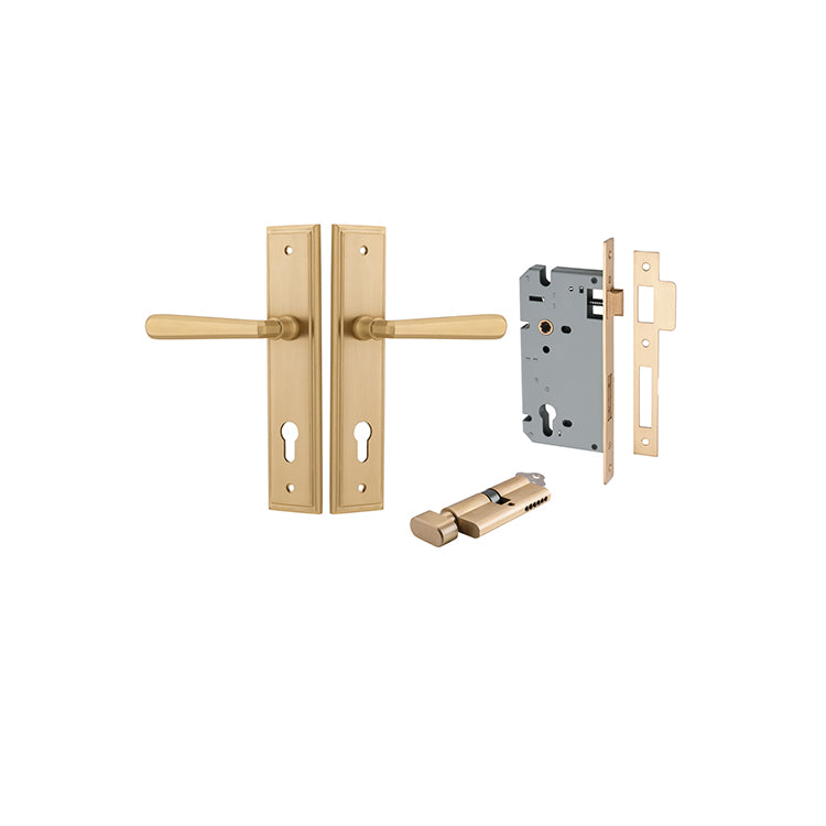 Copenhagen Lever - Stepped Backplate Entrance Kit with High Security Lock Satin Brass / Solid Brass