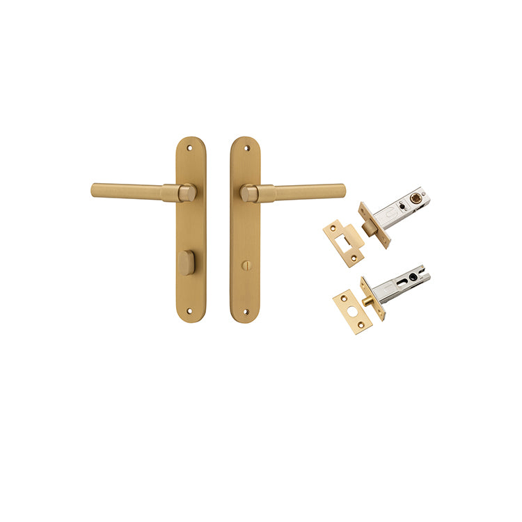 Helsinki Lever - Oval Backplate Privacy Kit with Privacy Turn Satin Brass / Solid Brass